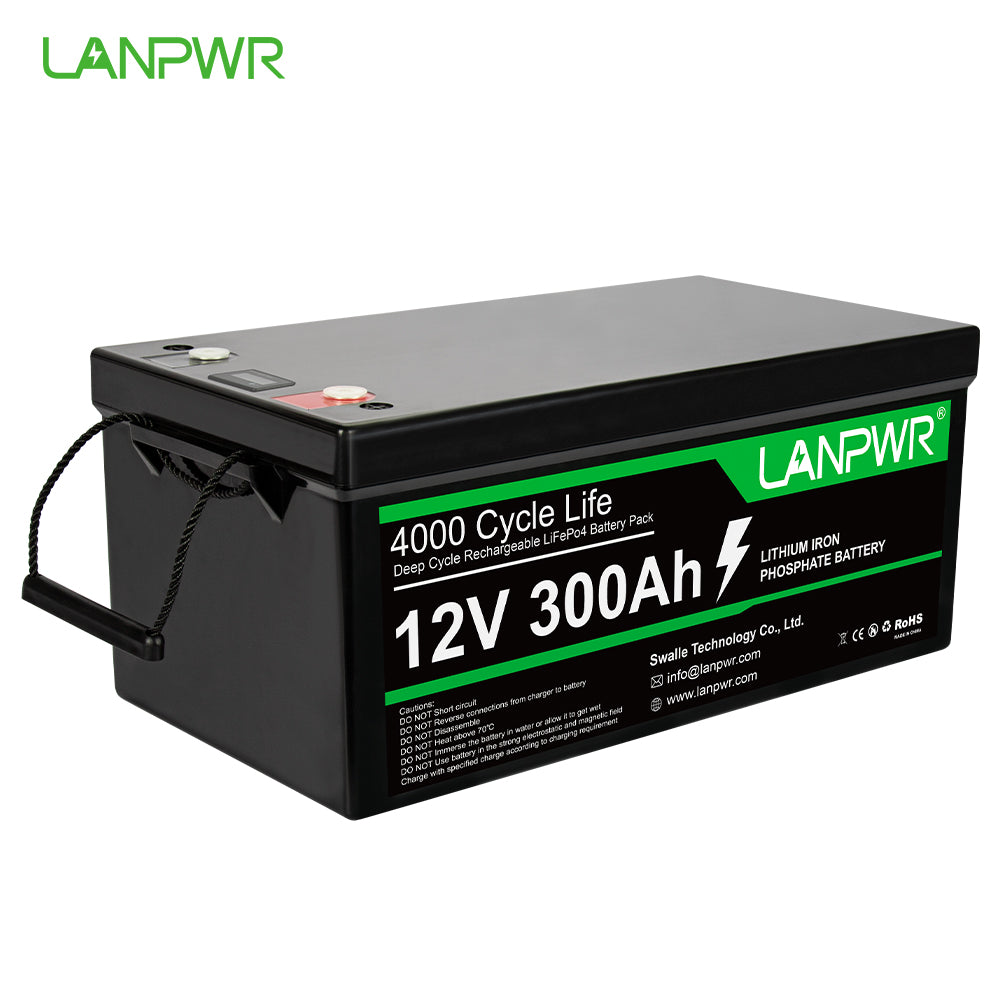 LANPWR 12V 300Ah Built-in 200A BMS, Max 2560W Power Output, 4000+ Deep Cycles 100% DOD, 10-Year Lifetime, Perfect for Off-Grid, RV, Camper, Solar System, Electric Boat